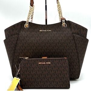 Michael Kors Large Jet Set Travel Chain Shoulder Bag & Double Zip Wallet Brown